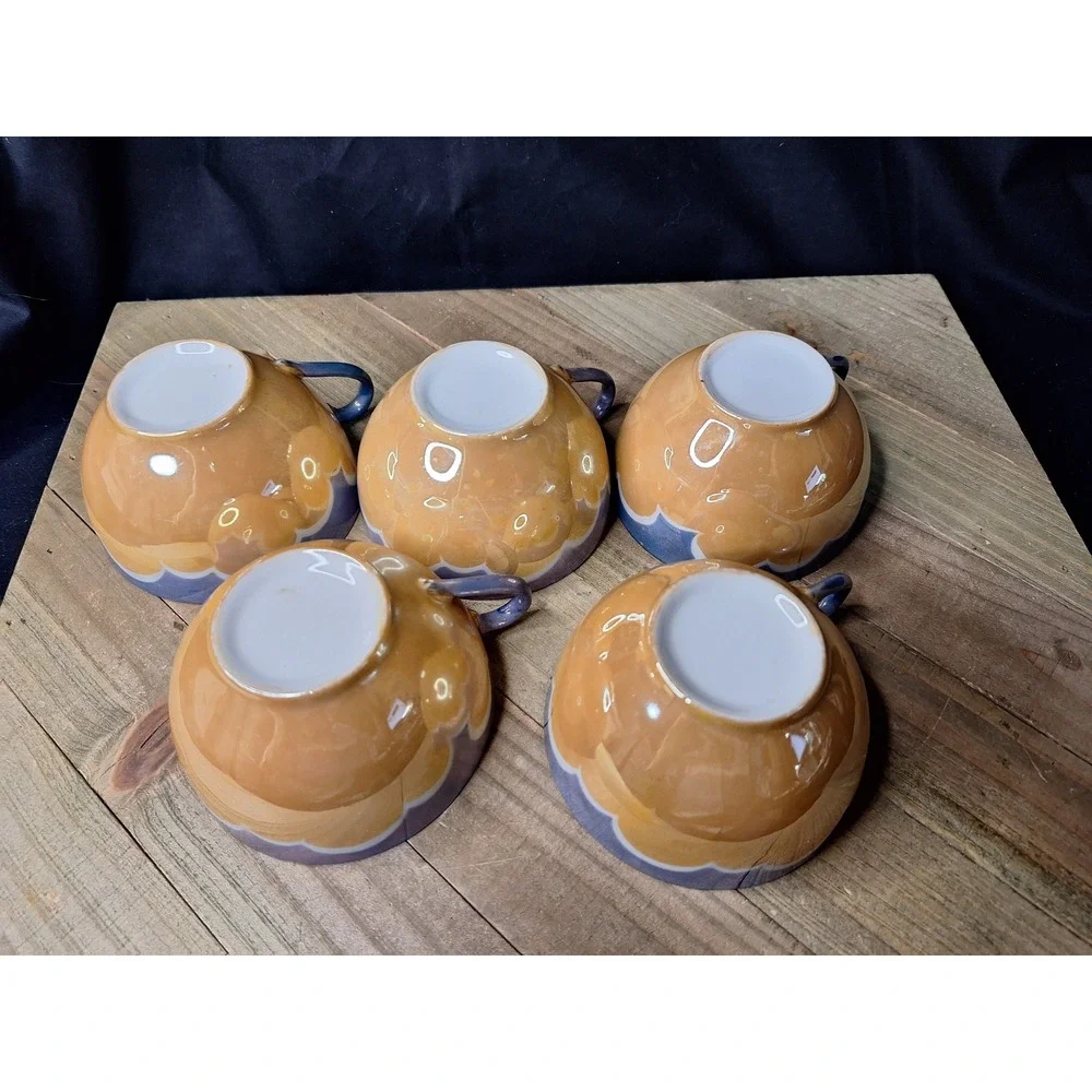 Vintage Japanese Lusterware Teacups Set of 5 Peach‎ Blue Iridescent Art Deco